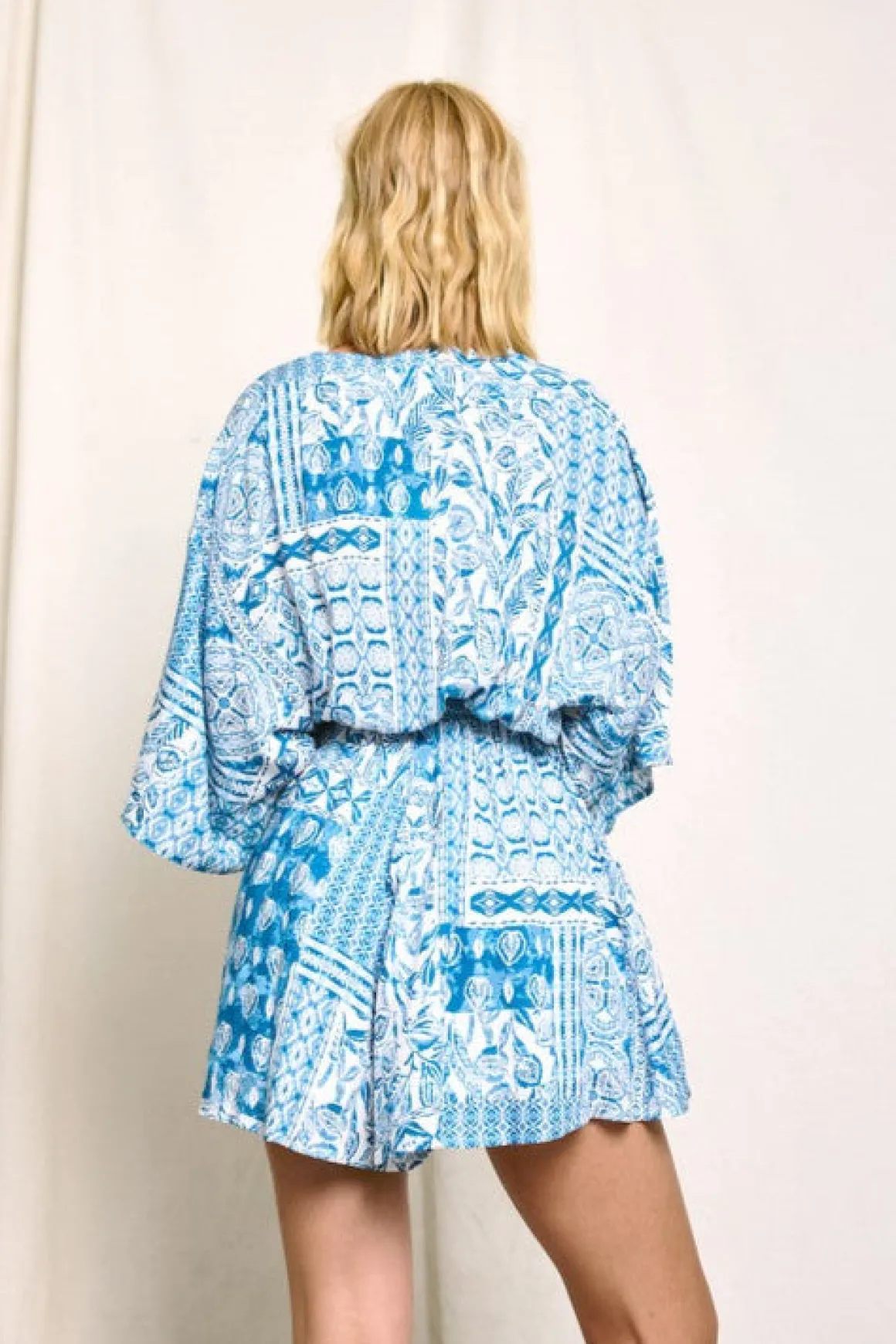 Waitlist 5/14 ♥ Jacie Kimono Sleeve Abstract Print Romper Blue