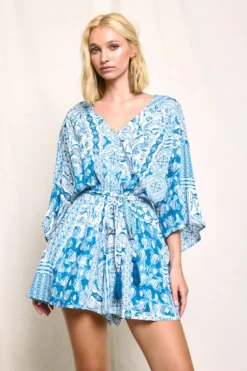 Waitlist 5/14 ♥ Jacie Kimono Sleeve Abstract Print Romper Blue