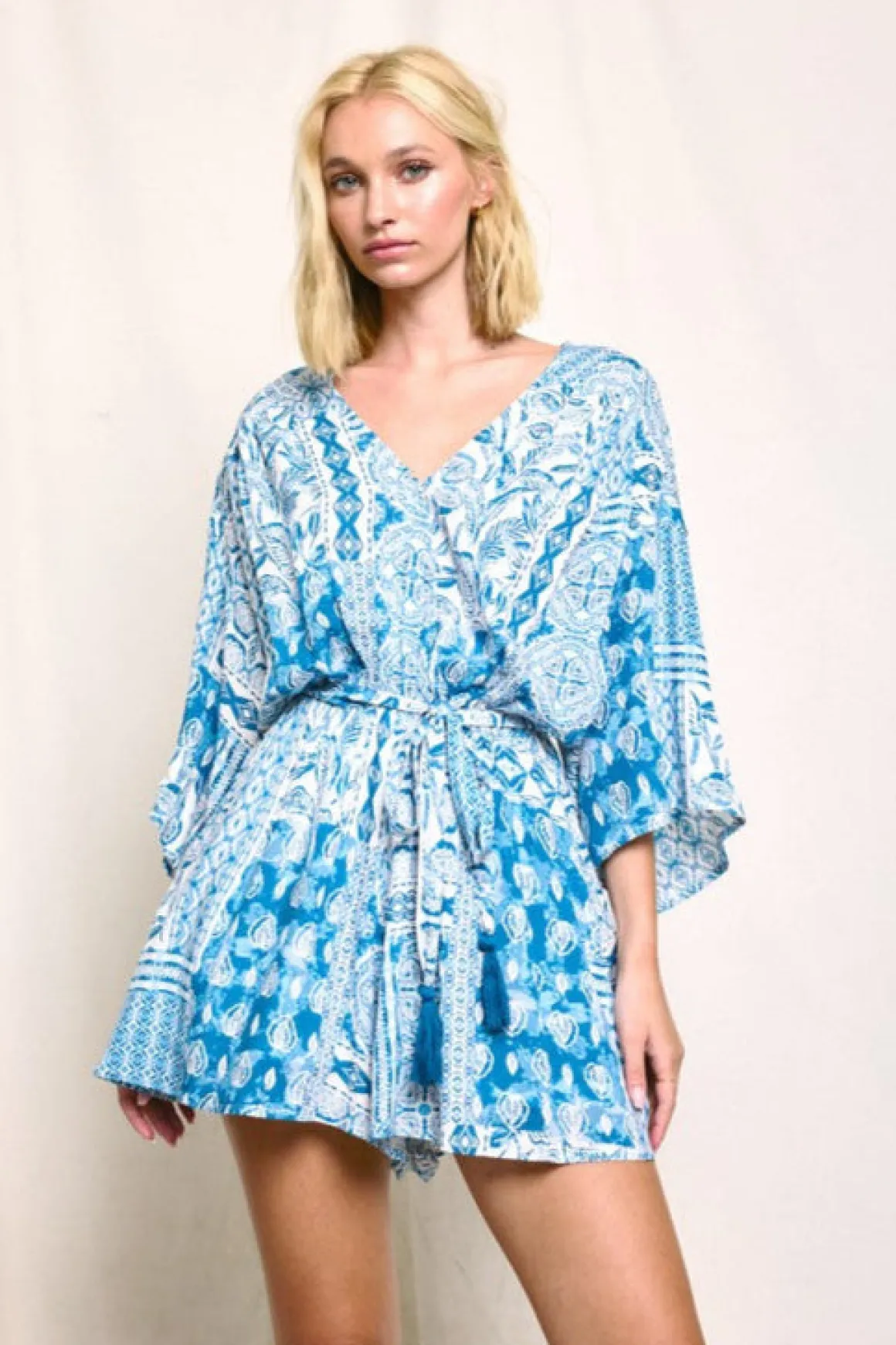 Waitlist 5/14 ♥ Jacie Kimono Sleeve Abstract Print Romper Blue