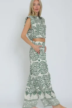 Waitlist 5/20 ♥ Jaclyn Sleeveless Shoulder Pad Printed Top And Wide Leg Pants Set Green