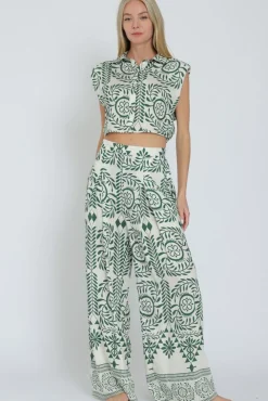 Waitlist 5/20 ♥ Jaclyn Sleeveless Shoulder Pad Printed Top And Wide Leg Pants Set Green