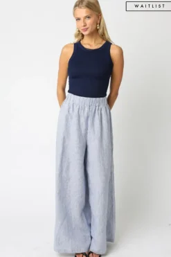 Waitlist 5/5 ♥ Jessa High Waist Stripe Print Wide Leg Linen Pants Blue