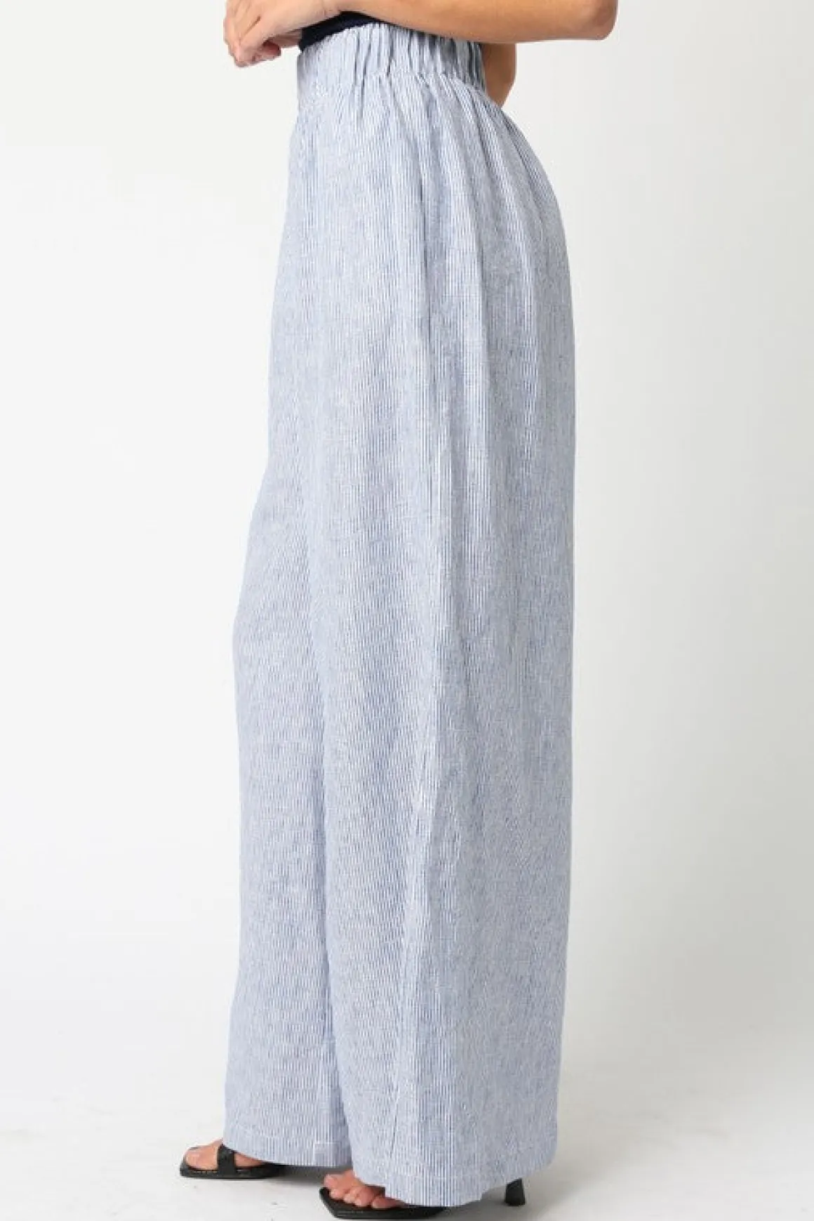 Waitlist 5/5 ♥ Jessa High Waist Stripe Print Wide Leg Linen Pants Blue