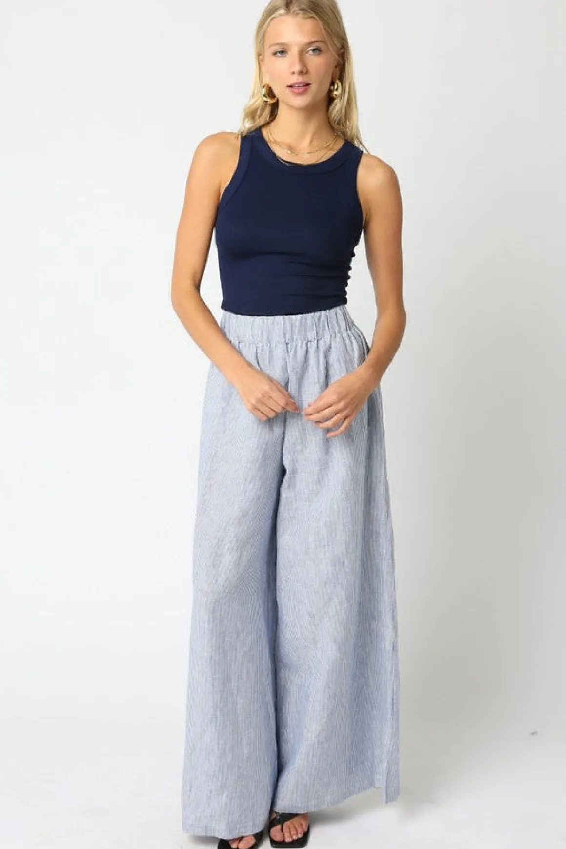 Waitlist 5/5 ♥ Jessa High Waist Stripe Print Wide Leg Linen Pants Blue
