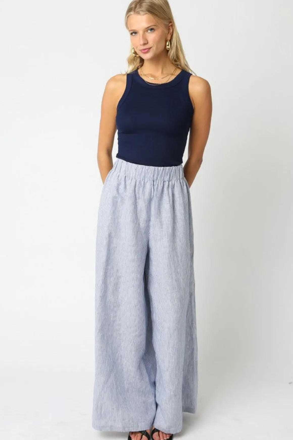 Waitlist 5/5 ♥ Jessa High Waist Stripe Print Wide Leg Linen Pants Blue
