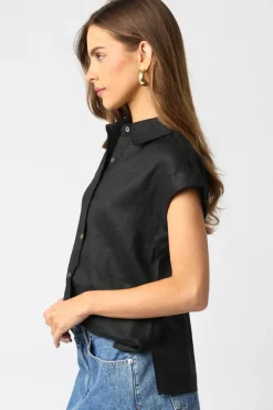 Waitlist 4/2 ♥ Jules Short Sleeve Linen Button Down Top Black