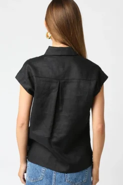 Waitlist 4/2 ♥ Jules Short Sleeve Linen Button Down Top Black