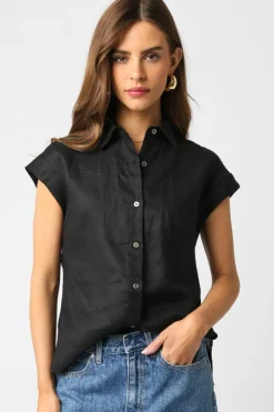 Waitlist 4/2 ♥ Jules Short Sleeve Linen Button Down Top Black