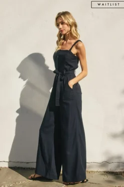 Waitlist 5/28 ♥ Laila Sleeveless Waist Tie Wide Leg Jumpsuit Navy
