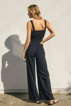 Waitlist 5/28 ♥ Laila Sleeveless Waist Tie Wide Leg Jumpsuit Navy