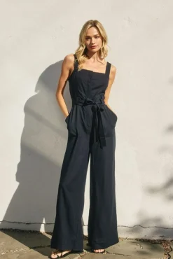 Waitlist 5/28 ♥ Laila Sleeveless Waist Tie Wide Leg Jumpsuit Navy