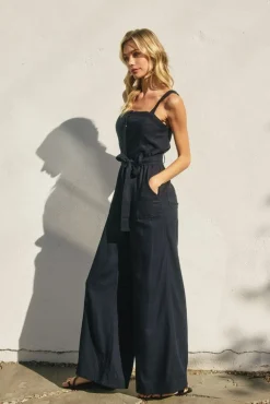 Waitlist 5/28 ♥ Laila Sleeveless Waist Tie Wide Leg Jumpsuit Navy