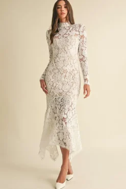 Waitlist 4/25 ♥ Leighton Long Sleeve Mock Neck Floral Lace Midi Dress White