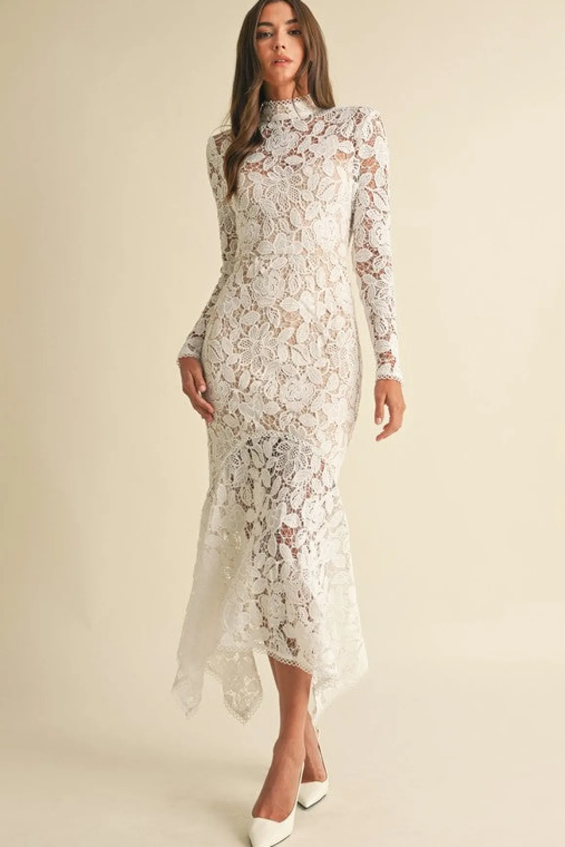 Waitlist 4/25 ♥ Leighton Long Sleeve Mock Neck Floral Lace Midi Dress White