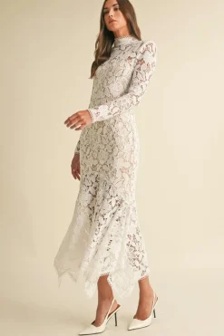 Waitlist 4/25 ♥ Leighton Long Sleeve Mock Neck Floral Lace Midi Dress White