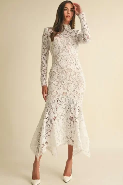 Waitlist 4/25 ♥ Leighton Long Sleeve Mock Neck Floral Lace Midi Dress White
