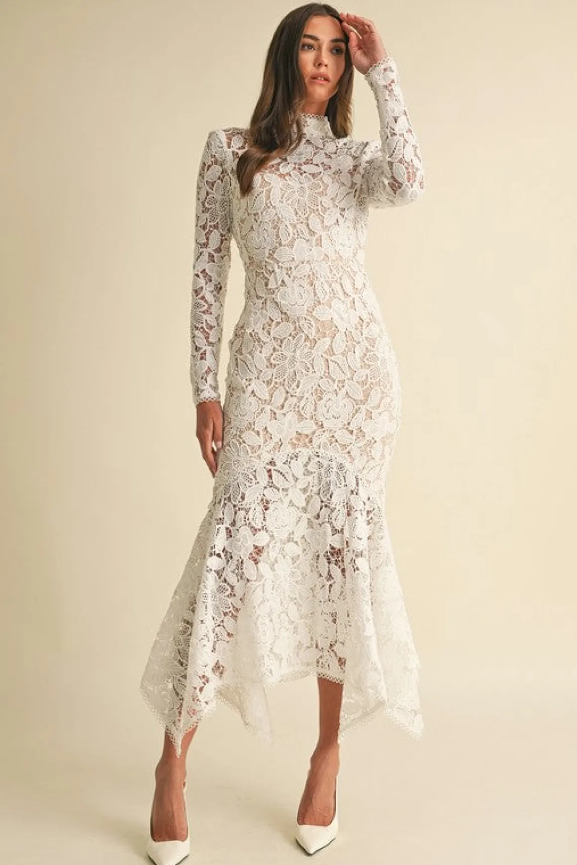 Waitlist 4/25 ♥ Leighton Long Sleeve Mock Neck Floral Lace Midi Dress White