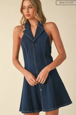 Waitlist 5/10 ♥ Libby Sleeveless Collared Halter Button Down Denim Mini Dress Dark Wash