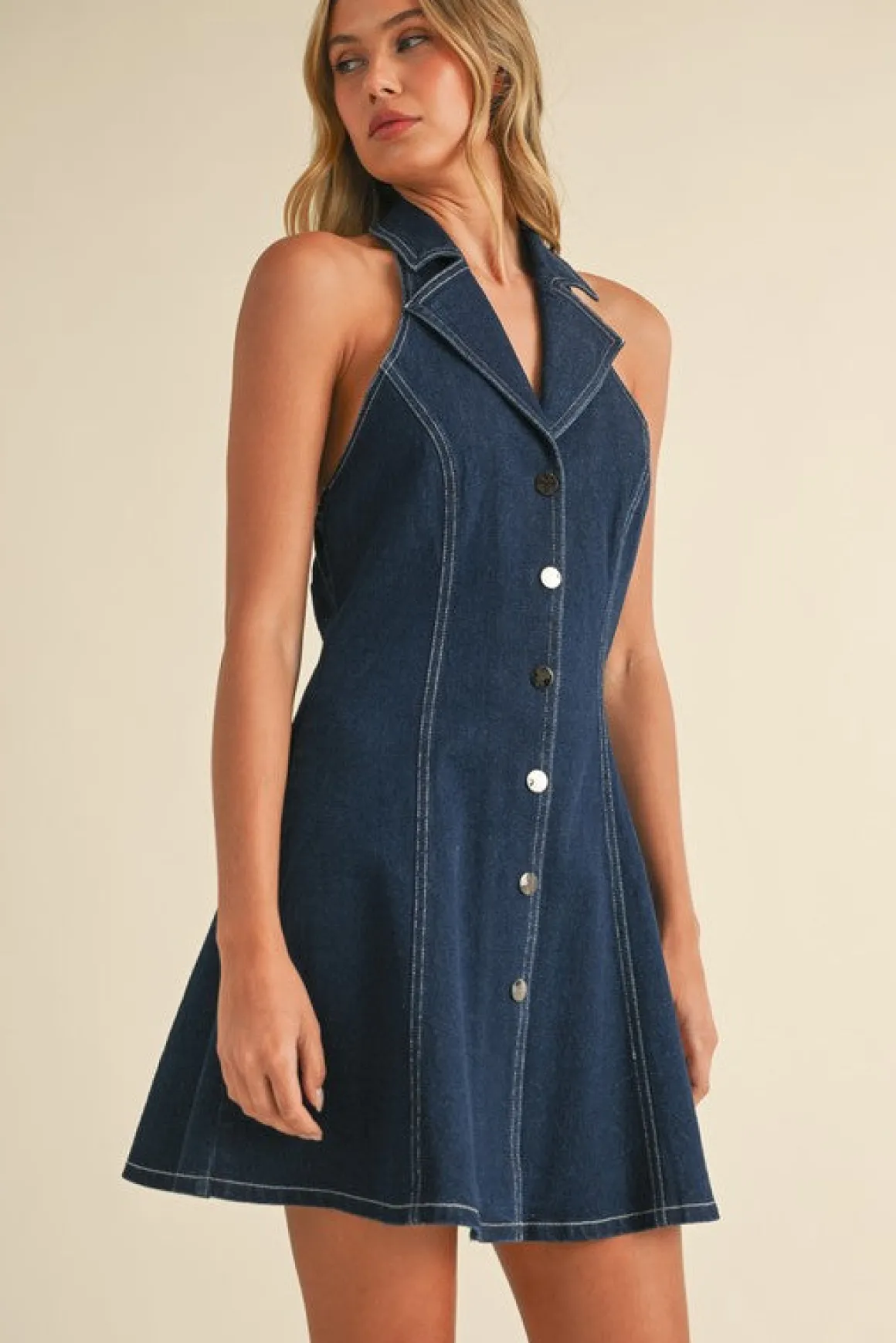 Waitlist 5/10 ♥ Libby Sleeveless Collared Halter Button Down Denim Mini Dress Dark Wash