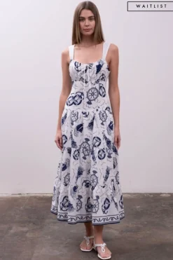 Waitlist 4/5 ♥ Liz Sleeveless Sailor Print Tiered Midi Dress White