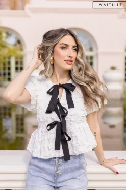 Waitlist 5/10 ♥ Marley Short Sleeve Bow Tie Bubble Babydoll Top White