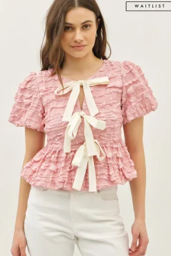 Waitlist 5/10 ♥ Marley Short Sleeve Bow Tie Bubble Babydoll Top Pink