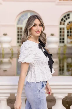Waitlist 5/10 ♥ Marley Short Sleeve Bow Tie Bubble Babydoll Top White