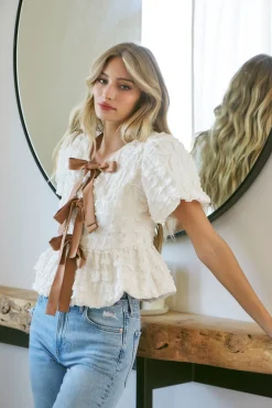 Waitlist 5/10 ♥ Marley Short Sleeve Bow Tie Bubble Babydoll Top Cream