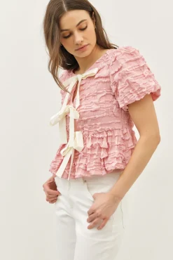 Waitlist 5/10 ♥ Marley Short Sleeve Bow Tie Bubble Babydoll Top Pink