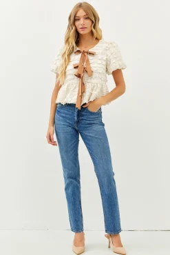 Waitlist 5/10 ♥ Marley Short Sleeve Bow Tie Bubble Babydoll Top Cream