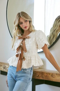 Waitlist 5/10 ♥ Marley Short Sleeve Bow Tie Bubble Babydoll Top Cream