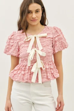 Waitlist 5/10 ♥ Marley Short Sleeve Bow Tie Bubble Babydoll Top Pink