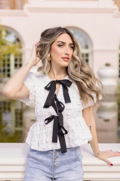 Waitlist 5/10 ♥ Marley Short Sleeve Bow Tie Bubble Babydoll Top White