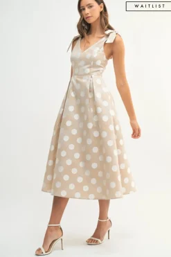 Waitlist 5/7 ♥ Melody Sleeveless Bowtie Polka Dot Print Midi Dress Taupe