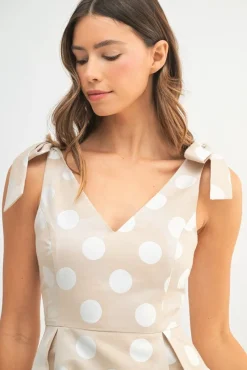 Waitlist 5/7 ♥ Melody Sleeveless Bowtie Polka Dot Print Midi Dress Taupe