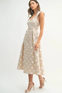 Waitlist 5/7 ♥ Melody Sleeveless Bowtie Polka Dot Print Midi Dress Taupe