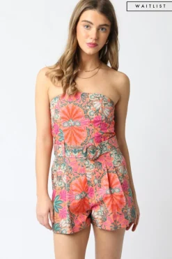 Waitlist 5/5 ♥ Mercedes Sleeveless Belted Floral Print Romper Orange