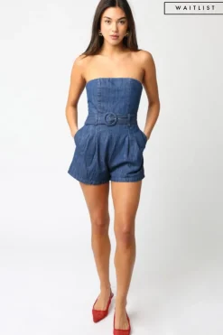 Waitlist 5/5 ♥ Mercedes Sleeveless Belted Denim Romper Dark Wash