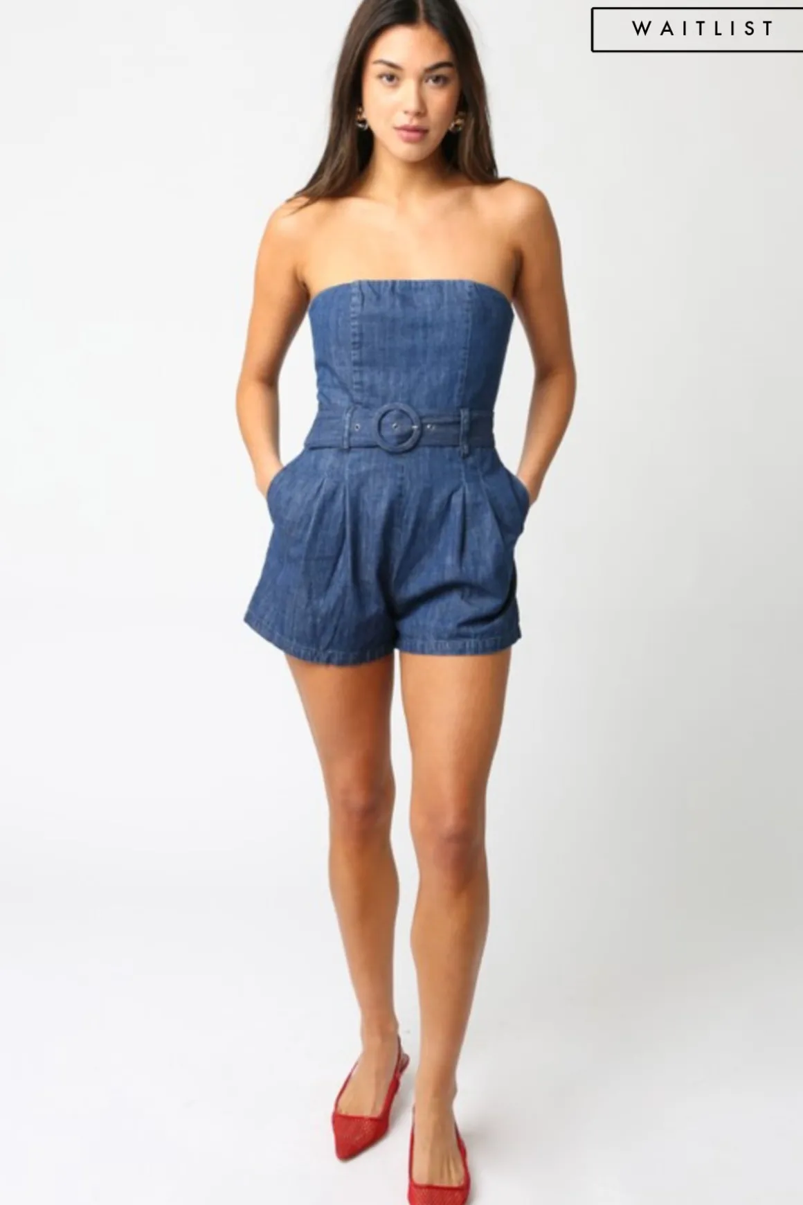 Waitlist 5/5 ♥ Mercedes Sleeveless Belted Denim Romper Dark Wash