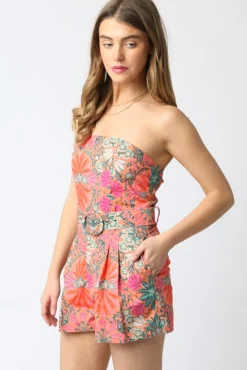 Waitlist 5/5 ♥ Mercedes Sleeveless Belted Floral Print Romper Orange