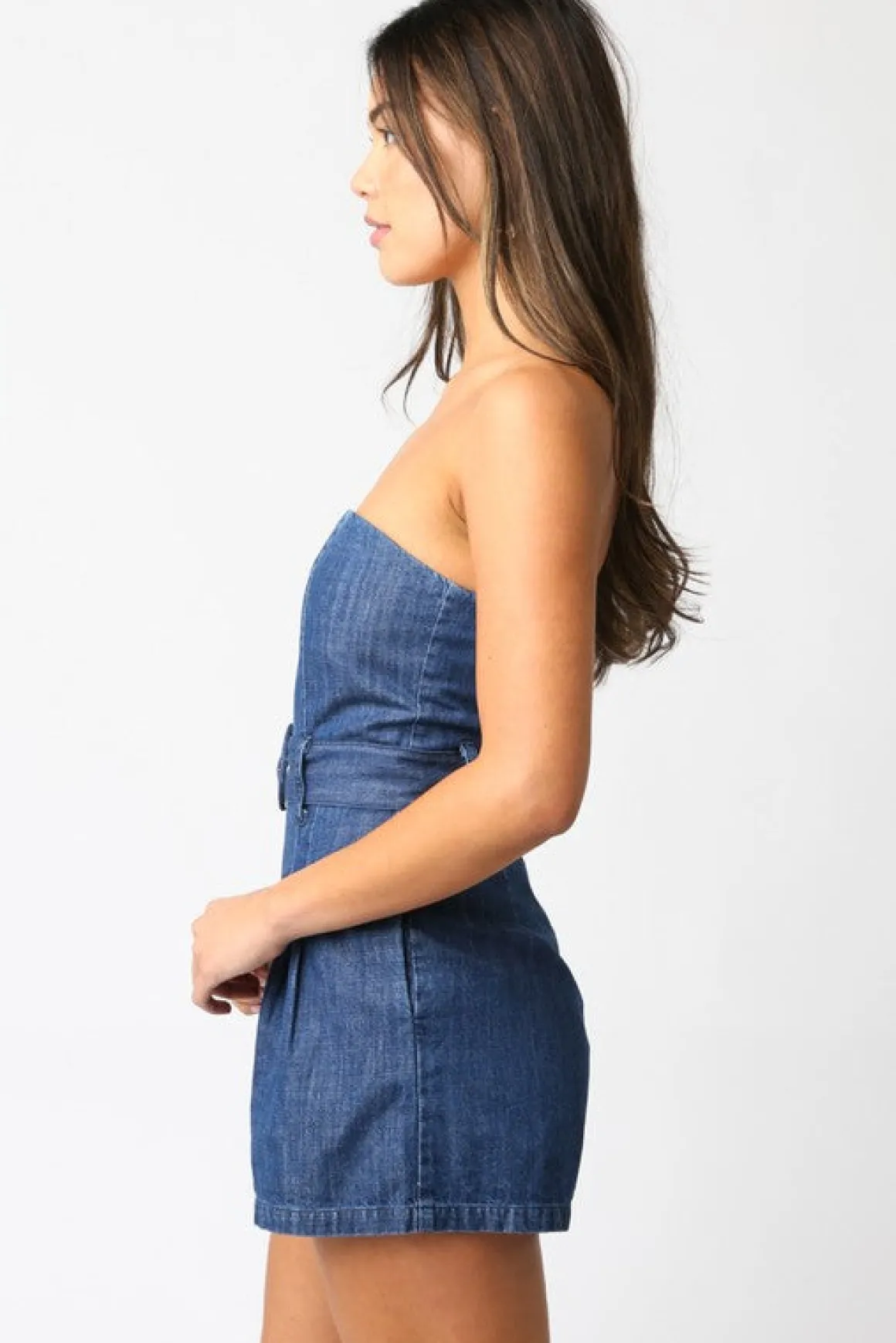 Waitlist 5/5 ♥ Mercedes Sleeveless Belted Denim Romper Dark Wash