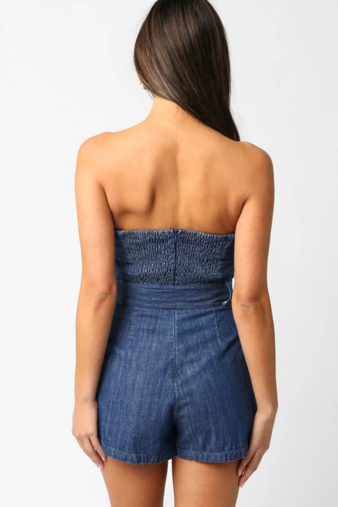 Waitlist 5/5 ♥ Mercedes Sleeveless Belted Denim Romper Dark Wash