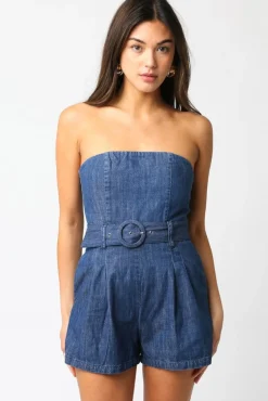 Waitlist 5/5 ♥ Mercedes Sleeveless Belted Denim Romper Dark Wash