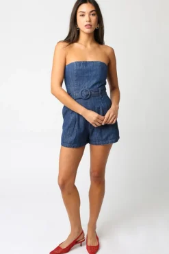 Waitlist 5/5 ♥ Mercedes Sleeveless Belted Denim Romper Dark Wash