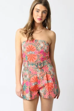 Waitlist 5/5 ♥ Mercedes Sleeveless Belted Floral Print Romper Orange