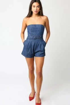Waitlist 5/5 ♥ Mercedes Sleeveless Belted Denim Romper Dark Wash