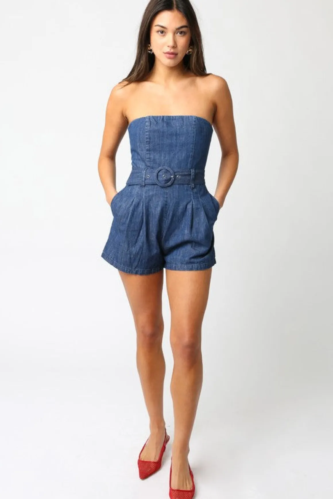 Waitlist 5/5 ♥ Mercedes Sleeveless Belted Denim Romper Dark Wash