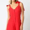 Waitlist 4/20 ♥ Miriam Sleeveless Shoulder Tie Button Down Linen Romper Red