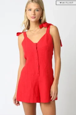 Waitlist 4/20 ♥ Miriam Sleeveless Shoulder Tie Button Down Linen Romper Red