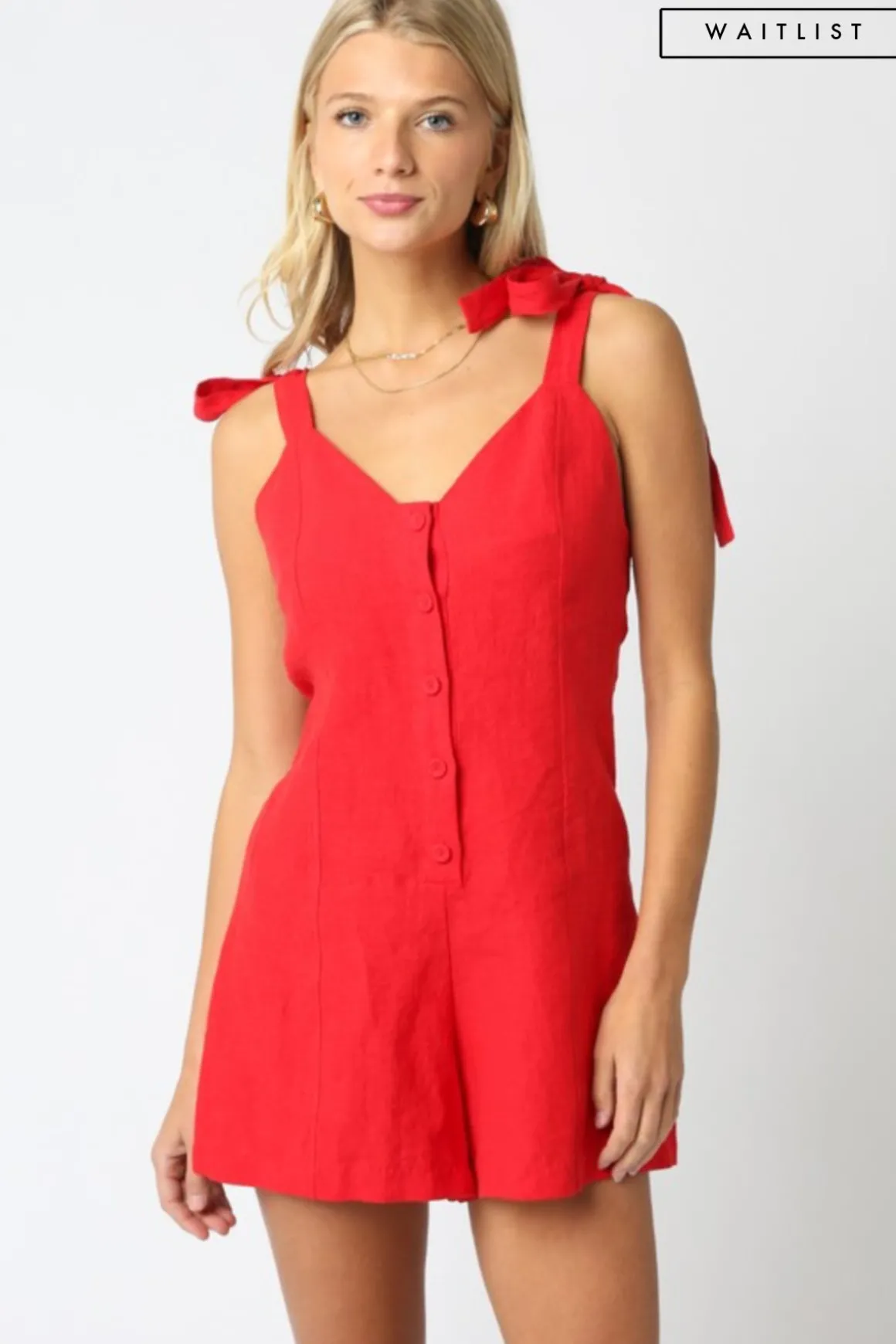 Waitlist 4/20 ♥ Miriam Sleeveless Shoulder Tie Button Down Linen Romper Red